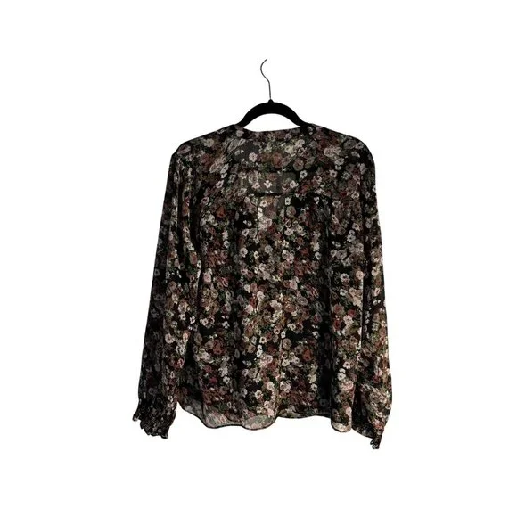 Mango Floral Print Sheer Blouse US 12 Black Multicolor Long Sleeve Lightweight - Picture 3 of 12